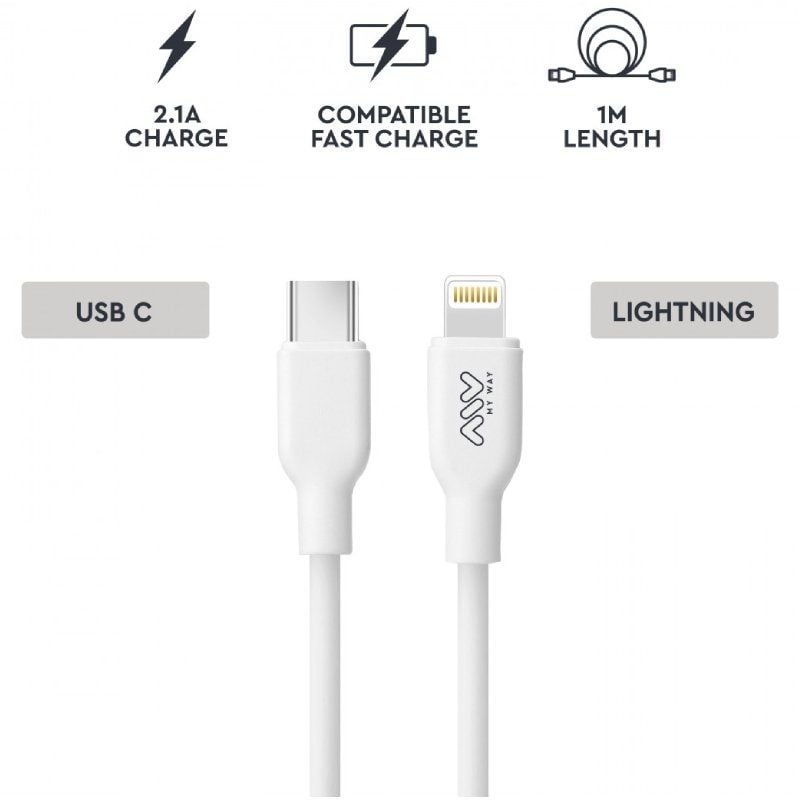 Cable USB 2.0 Tipo-C Lightning Myway MWUSC0023
USB Tipo-C Macho - Lightning Macho
1m
Blanco