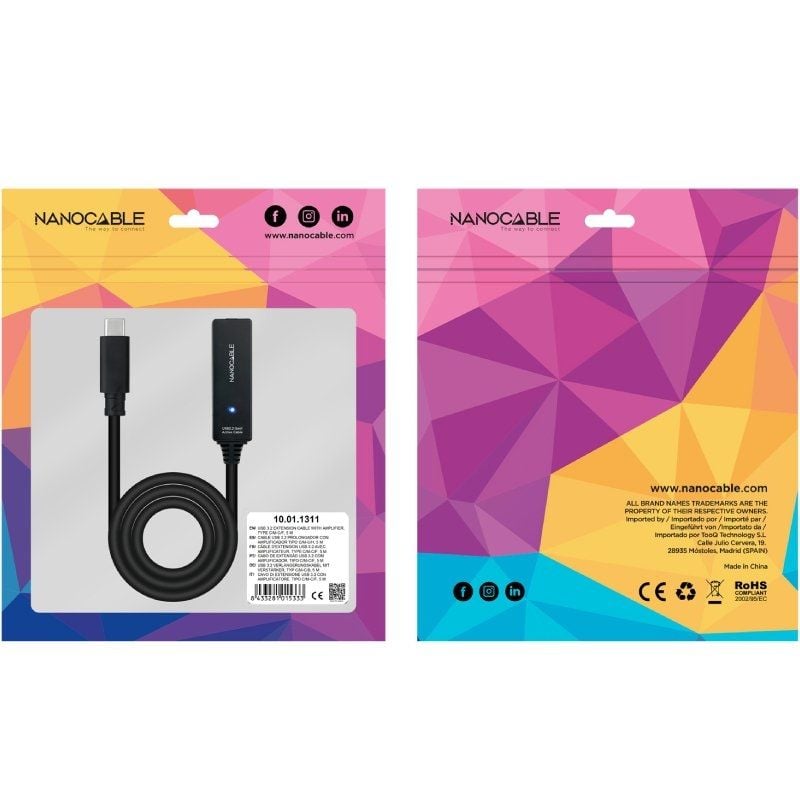 Cable Alargador USB Tipo-C 3.2 con Amplificador Nanocable 10.01.1311
USB Tipo-C Macho - USB Tipo-C Hembra
5m
Negro