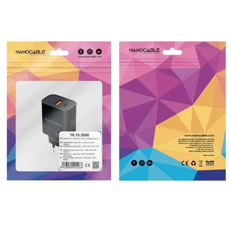 Cargador de Pared Nanocable 10.10.2008
1xUSB
1xUSB Tipo-C
20W
Negro