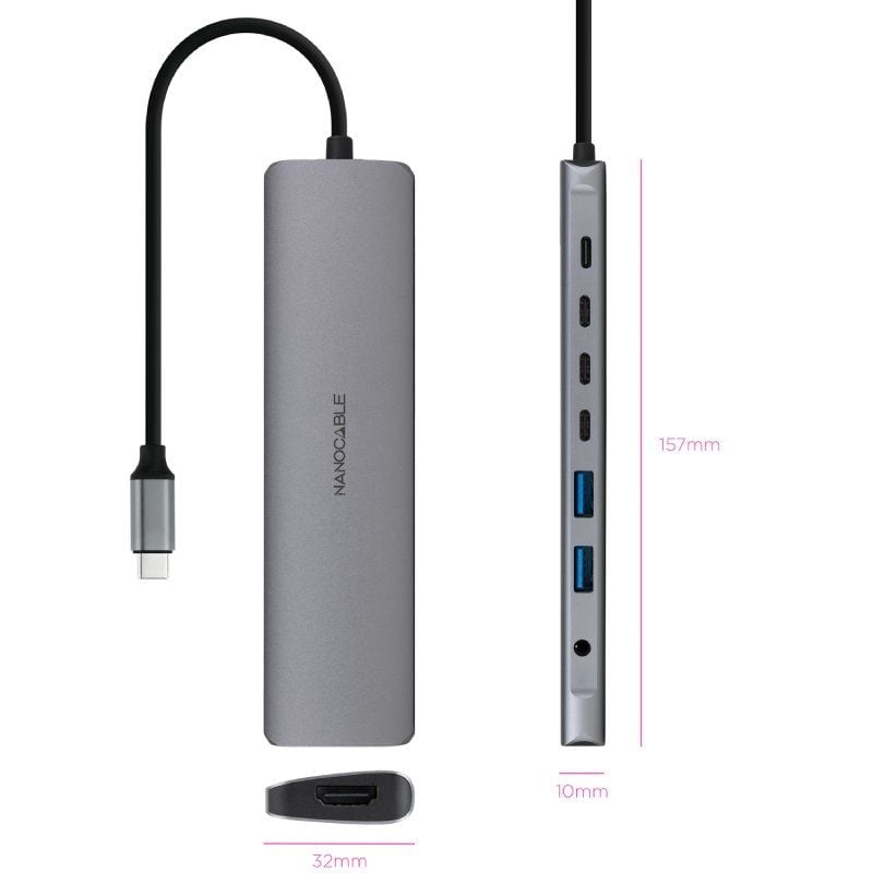 Docking Tipo-C Nanocable 10.16.4608
2xUSB
3xUSB Tipo-C
1xHDMI 4K
1xJack 3.5
1xUSB Tipo-C PD
Gris