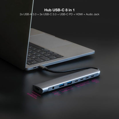 Docking Tipo-C Nanocable 10.16.4608
2xUSB
3xUSB Tipo-C
1xHDMI 4K
1xJack 3.5
1xUSB Tipo-C PD
Gris