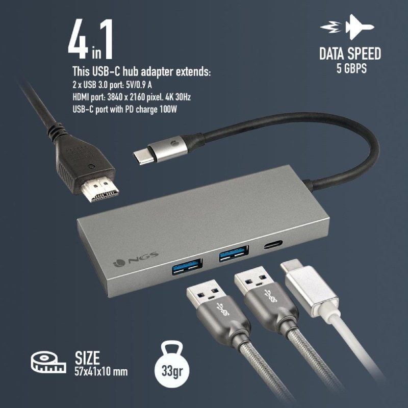 Docking USB Tipo-C NGS WonderDock4 Pro
2xUSB
1xUSB Tipo-C DP
1xHDMI 4K