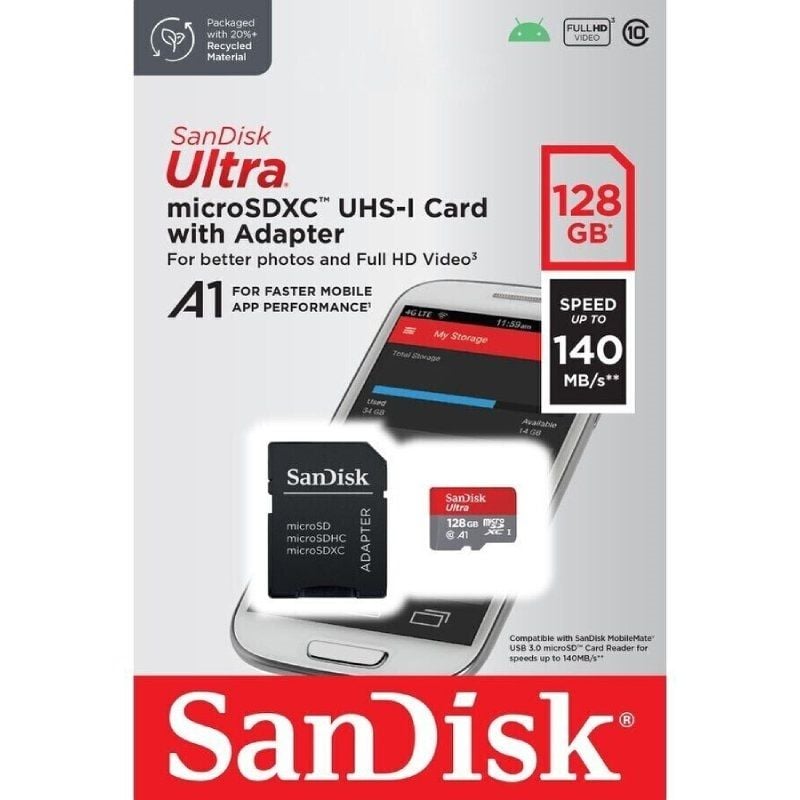 Tarjeta de Memoria SanDisk Ultra 128GB microSD XC con Adaptador
Clase 10
140MBs