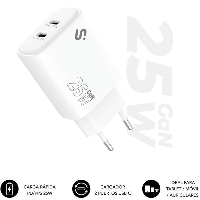 Cargador de Pared GaN Subblim 25W Charger USB C+C
2xUSB Tipo-C
25W