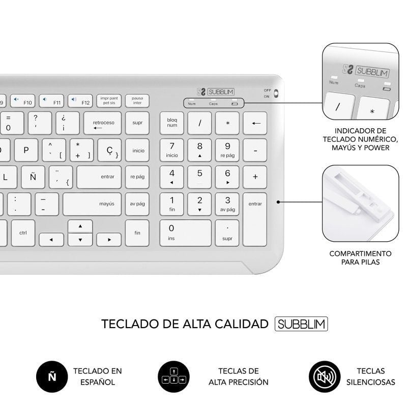 Teclado y Ratón Inalámbrico Subblim Combo Dual Prestige Extendido
Blanco y Plata