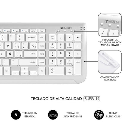 Teclado y Ratón Inalámbrico Subblim Combo Dual Prestige Extendido
Blanco y Plata
