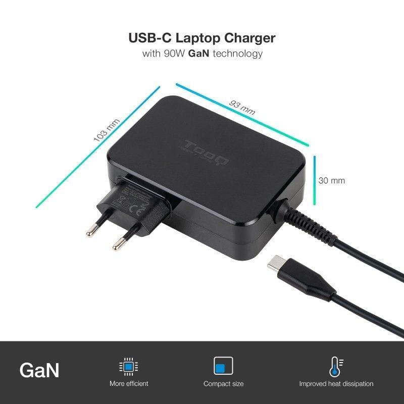 Cargador de Portátil GaN TooQ TQLC-USBCGAN90PD USB Tipo-C
90W
Automático
Voltaje 5-20V