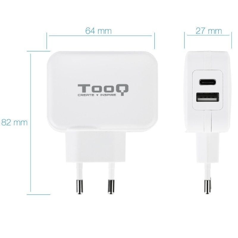 Cargador de Pared TooQ TQWC-2SC02WT
1xUSB Tipo-C
1x USB
27W