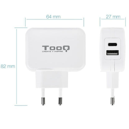Cargador de Pared TooQ TQWC-2SC02WT
1xUSB Tipo-C
1x USB
27W
