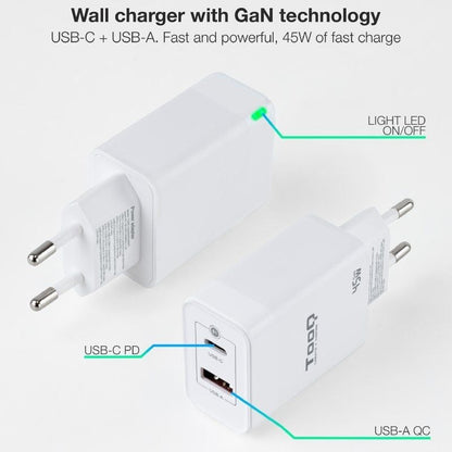 Cargador de Pared GaN TooQ TQWC-GANQCPD45WT
1xUSB Tipo-C
1xUSB
45W