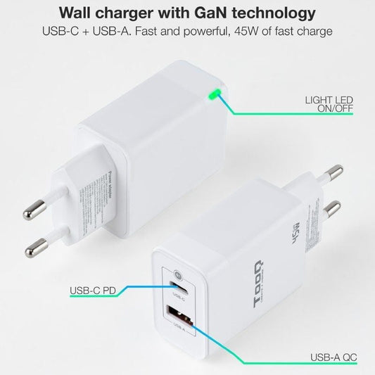 Cargador de Pared GaN TooQ TQWC-GANQCPD45WT
1xUSB Tipo-C
1xUSB
45W
