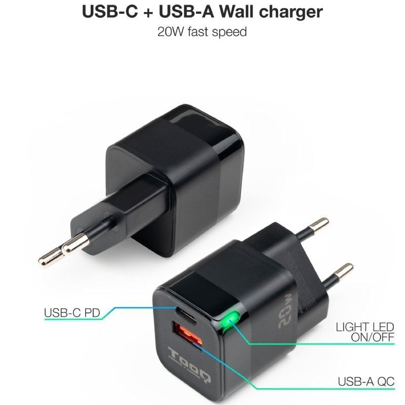 Cargador de Pared TooQ TQWC-QCPD20
1xUSB Tipo-C
1xUSB
20W
