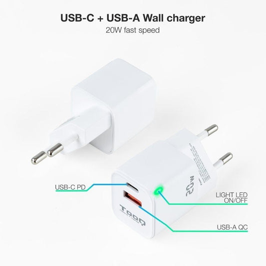 Cargador de Pared TooQ TQWC-QCPD20WT
1xUSB-Tipo C
1x USB
20W
Blanco