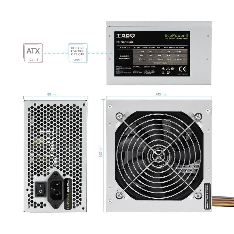 Fuente de Alimentación TooQ TQEP-500SSE
500W
Ventilador 12cm