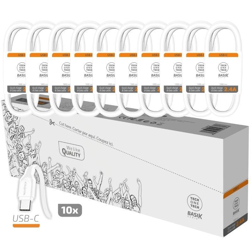 Pack 10 Cables USB 2.0 Tech One Tech Basik TEC2953
USB Macho - USB Tipo-C Macho
1m
Blanco