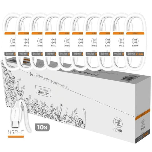 Pack 10 Cables USB 2.0 Tech One Tech Basik TEC2953
USB Macho - USB Tipo-C Macho
1m
Blanco