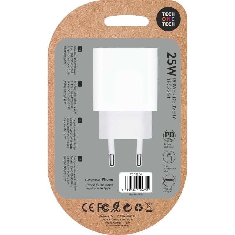 Cargador de Pared Tech One Tech TEC2264
1xUSB Tipo-C
25W
Blanco