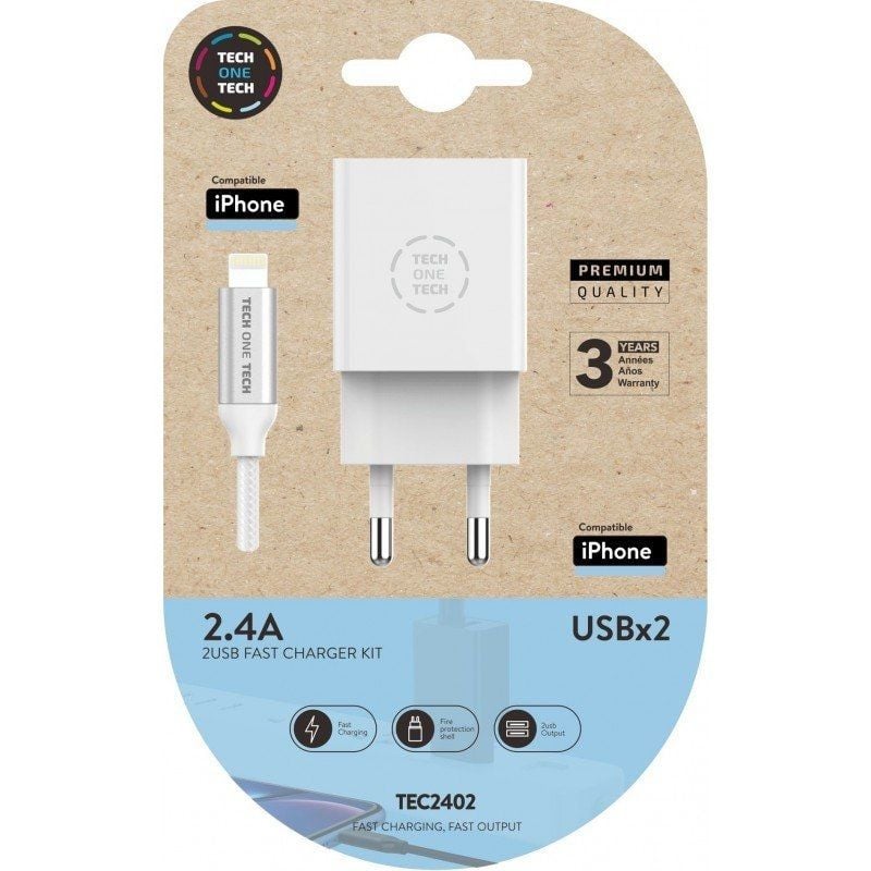 Cargador de Pared Tech One Tech TEC2402
2xUSB + Cable Lightning
12W
Blanco