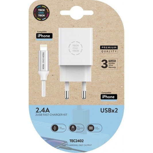 Cargador de Pared Tech One Tech TEC2402
2xUSB + Cable Lightning
12W
Blanco