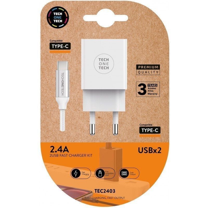 Cargador de Pared Tech One Tech TEC2403
2xUSB + Cable USB Tipo-C
12W
Blanco