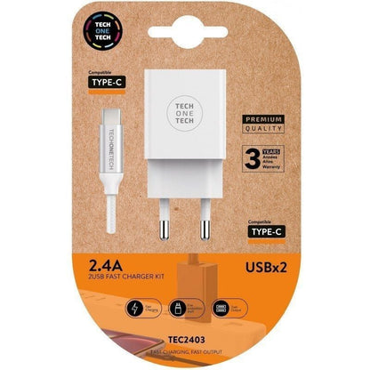 Cargador de Pared Tech One Tech TEC2403
2xUSB + Cable USB Tipo-C
12W
Blanco