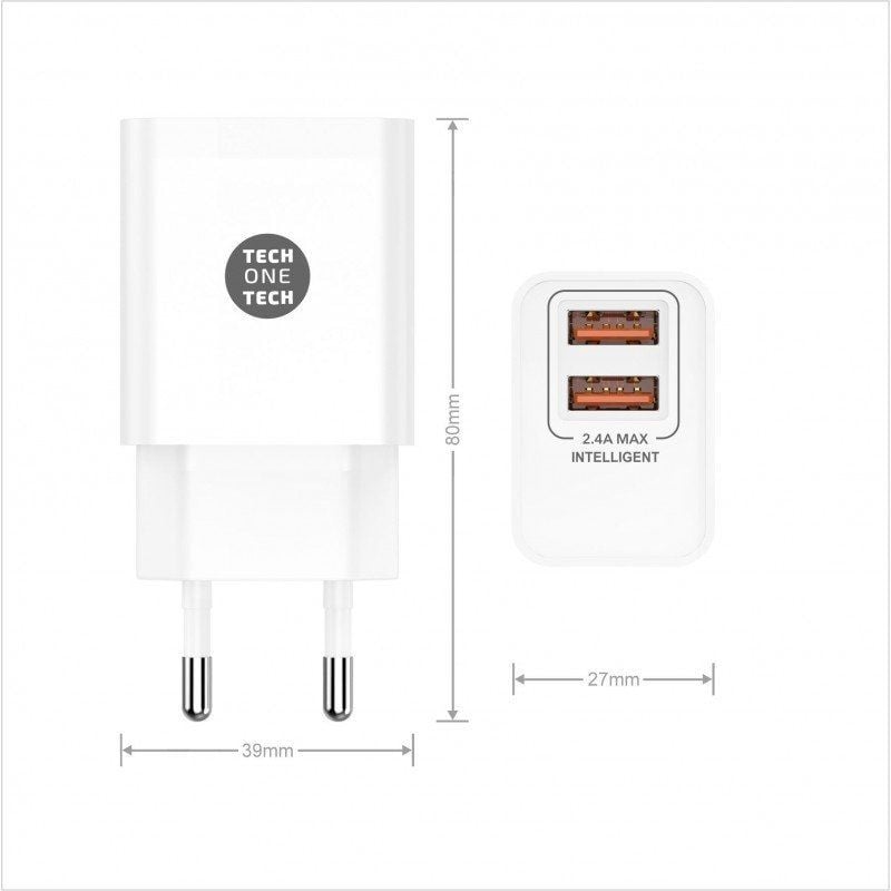 Cargador de Pared Tech One Tech TEC2403
2xUSB + Cable USB Tipo-C
12W
Blanco