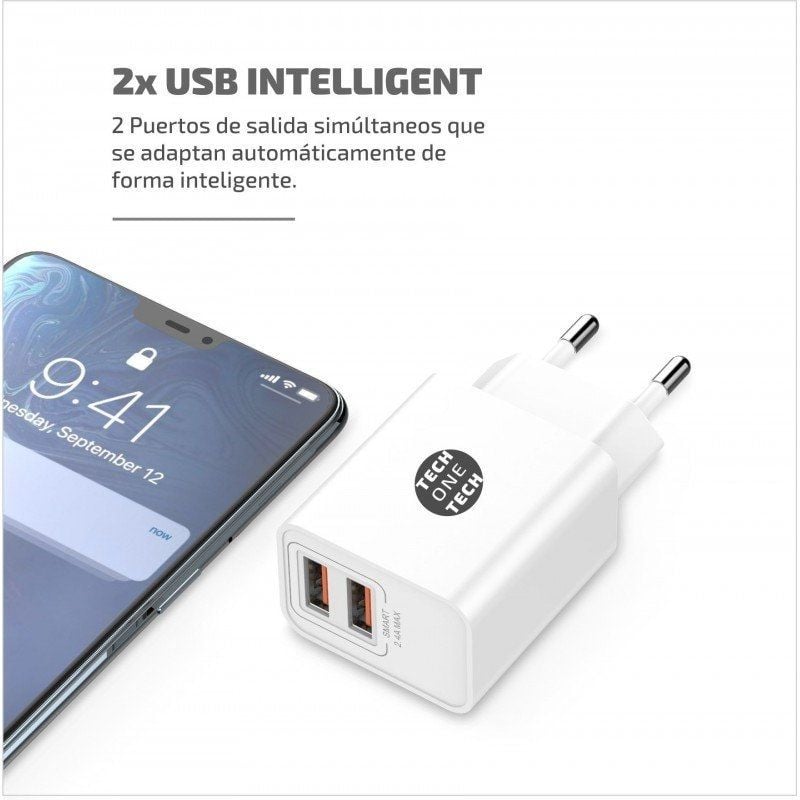 Cargador de Pared Tech One Tech TEC2403
2xUSB + Cable USB Tipo-C
12W
Blanco