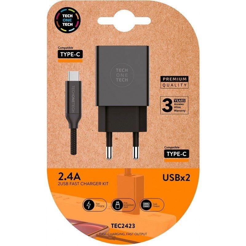 Cargador de Pared Tech One Tech TEC2423
2xUSB + Cable USB Tipo-C
12W
Negro