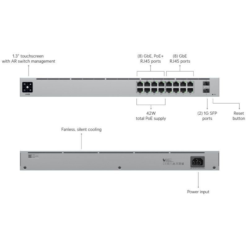 Switch Gestionable Ubiquiti USW-16-POE 16 Puertos
RJ-45 Gigabit 10/100/1000
SFP
PoE+