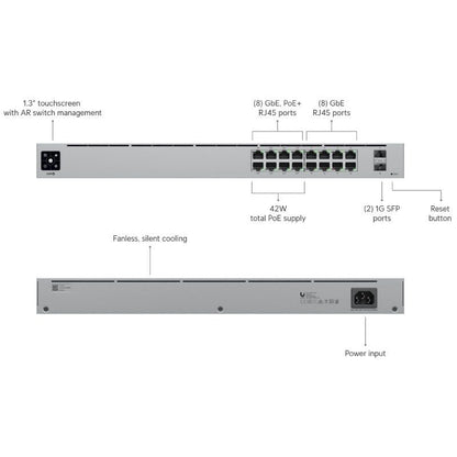 Switch Gestionable Ubiquiti USW-16-POE 16 Puertos
RJ-45 Gigabit 10/100/1000
SFP
PoE+
