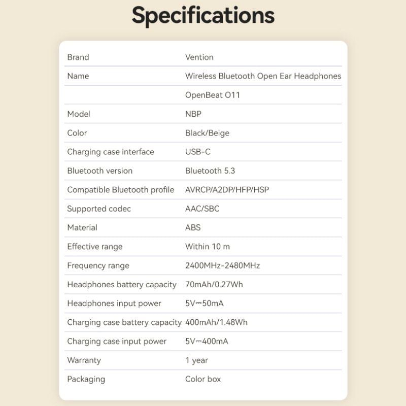 Auriculares Deportivos Bluetooth Vention Open Ear OpenBeat O11 NBPB0 con estuche de carga
Negros