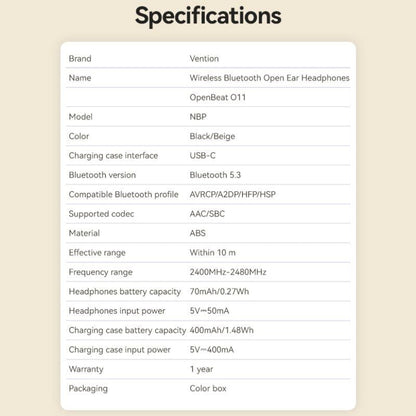 Auriculares Deportivos Bluetooth Vention Open Ear OpenBeat O11 NBPB0 con estuche de carga
Negros