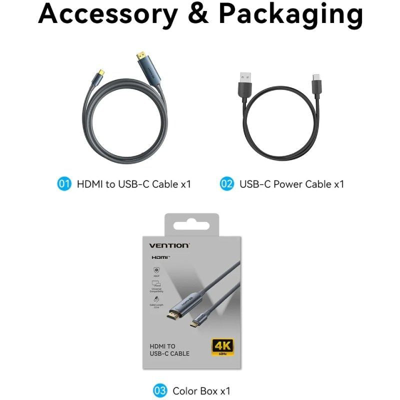 Cable Conversor HDMI 2.0 4K Vention ABLHG
USB Tipo-C Macho - HDMI Macho
USB Tipo-C PD 1.5m
Gris