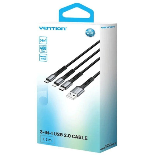 Cable USB 2.0 Lightning Vention H18BAV
USB Tipo-C Macho
Lightning Macho - MicroUSB Macho - USB Macho
1.2m
Negro