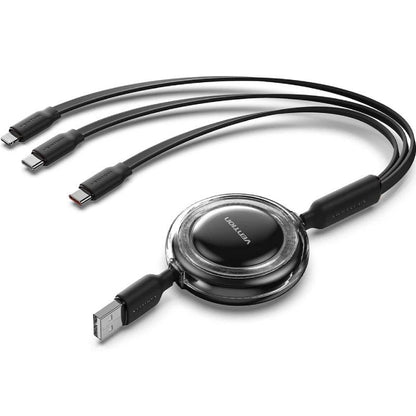 Cable USB Retráctil Vention TRJBBE
USB Macho - Lightning
2xUSB Tipo-C
Hasta 17.5W
10Gbps
1.1m
Negro