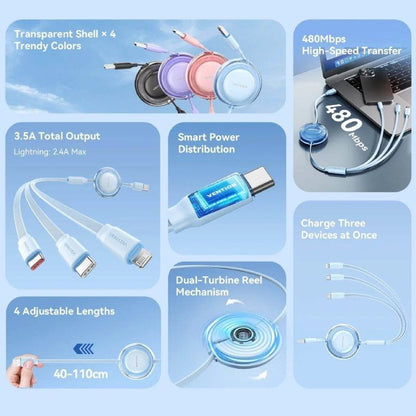 Cable USB Retráctil Vention TRJBBE
USB Macho - Lightning
2xUSB Tipo-C
Hasta 17.5W
10Gbps
1.1m
Negro