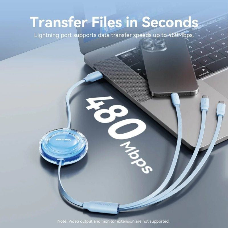 Cable USB Retráctil Vention TRJBBE
USB Macho - Lightning
2xUSB Tipo-C
Hasta 17.5W
10Gbps
1.1m
Negro