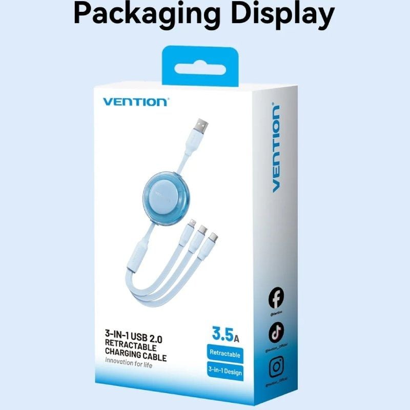 Cable USB Retráctil Vention TRJBBE
USB Macho - Lightning
2xUSB Tipo-C
Hasta 17.5W
10Gbps
1.1m
Negro