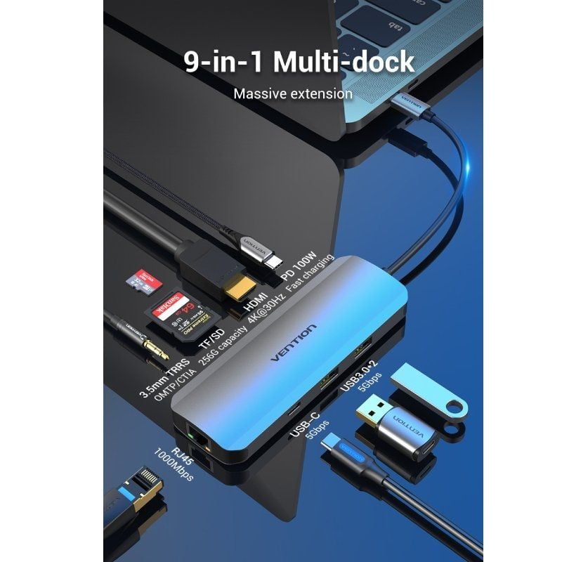 Docking USB Tipo-C Vention TOMHB
1xHDMI 4K
2xUSB
1xUSB Tipo-C
1xUSB Tipo-C PD
1xRJ45
1xLector Tarjetas SD y MicroSD
Jack 3.5
Gris