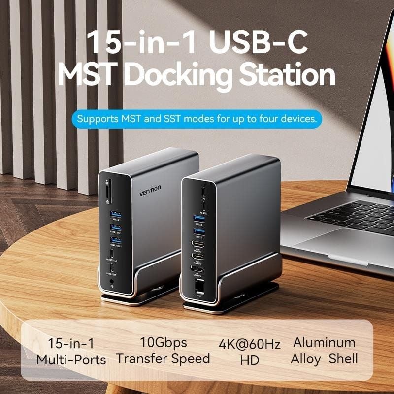 Docking USB Tipo-C Vention TPUH0
2xHDMI 4K
1xDisplayPort
3xUSB Tipo-C
5xUSB
1xRJ45
1xLector de Tarjetas
1xJack 3.5
1xUSB Tipo-C PD
Gris