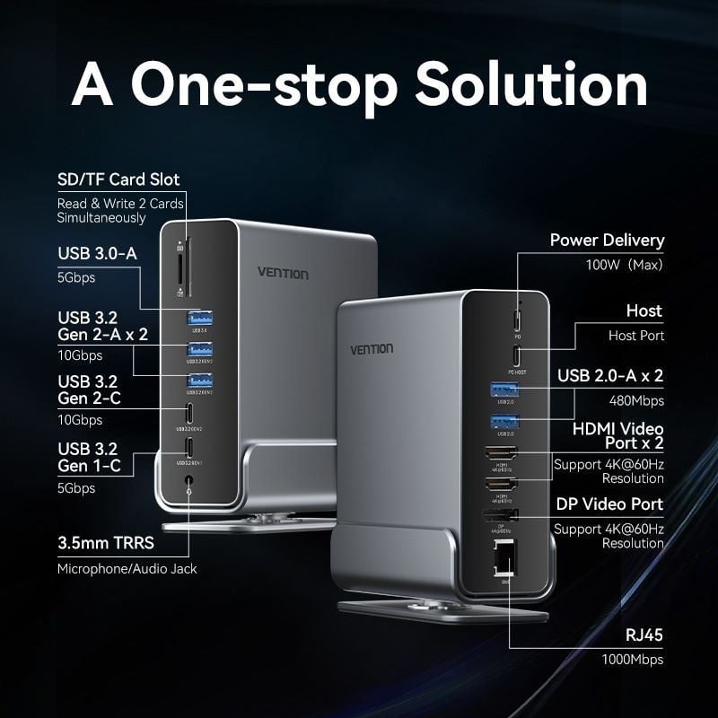 Docking USB Tipo-C Vention TPUH0
2xHDMI 4K
1xDisplayPort
3xUSB Tipo-C
5xUSB
1xRJ45
1xLector de Tarjetas
1xJack 3.5
1xUSB Tipo-C PD
Gris