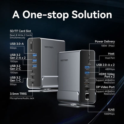 Docking USB Tipo-C Vention TPUH0
2xHDMI 4K
1xDisplayPort
3xUSB Tipo-C
5xUSB
1xRJ45
1xLector de Tarjetas
1xJack 3.5
1xUSB Tipo-C PD
Gris