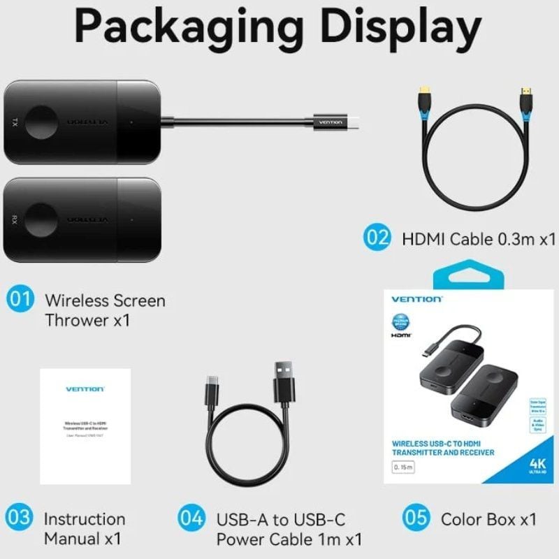 Adaptador/Transmisor de vídeo inalámbrico USB Tipo-C - HDMI Vention ADOBB
60W