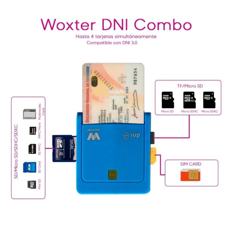 Lector de DNI y Tarjetas Woxter Combo PE26-146
Azul
USB 2.0
Azul
